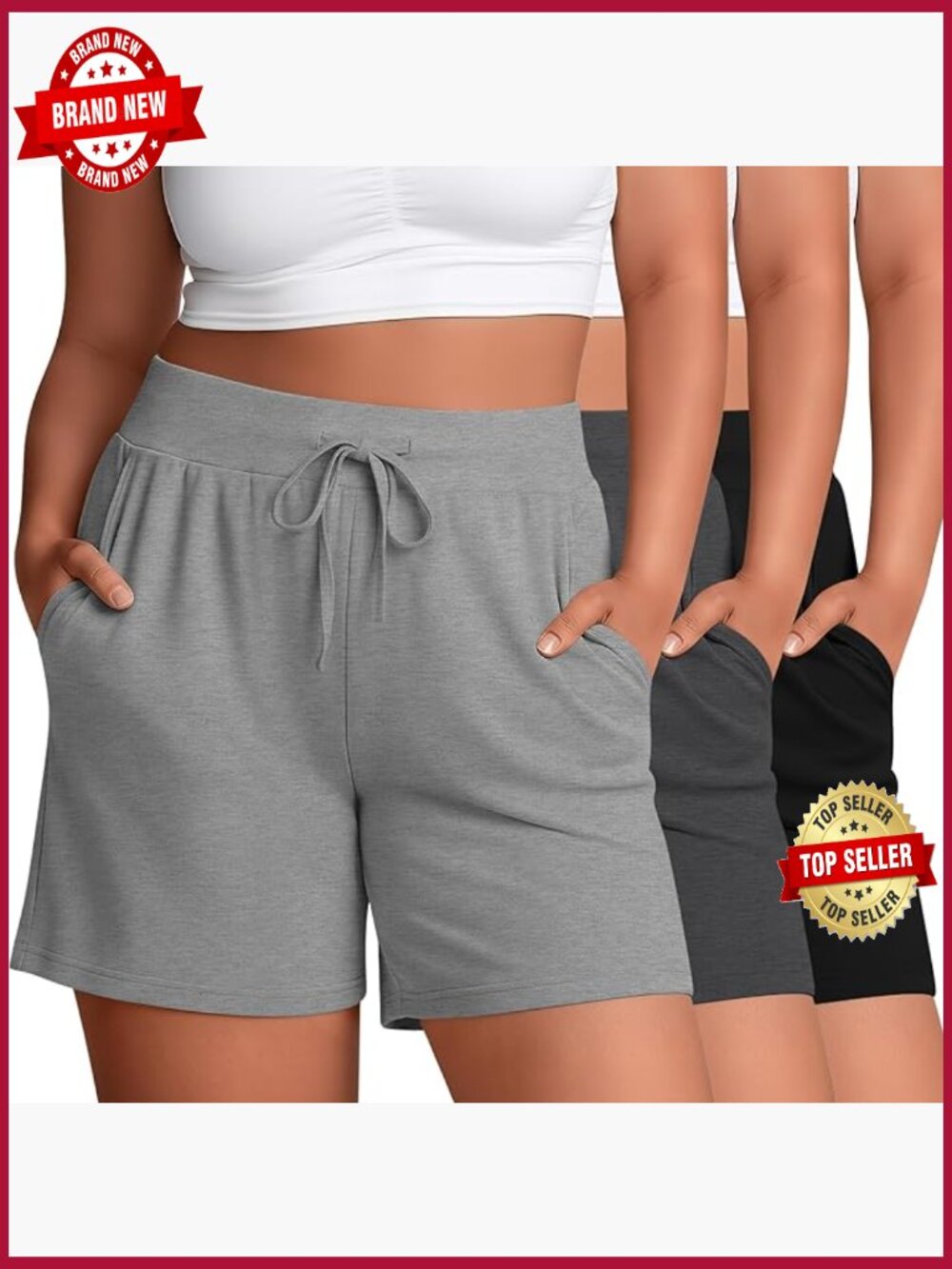 Plus Size Bermuda Shorts 3 Pack High Waist Drawstring Pockets Athletic Gym